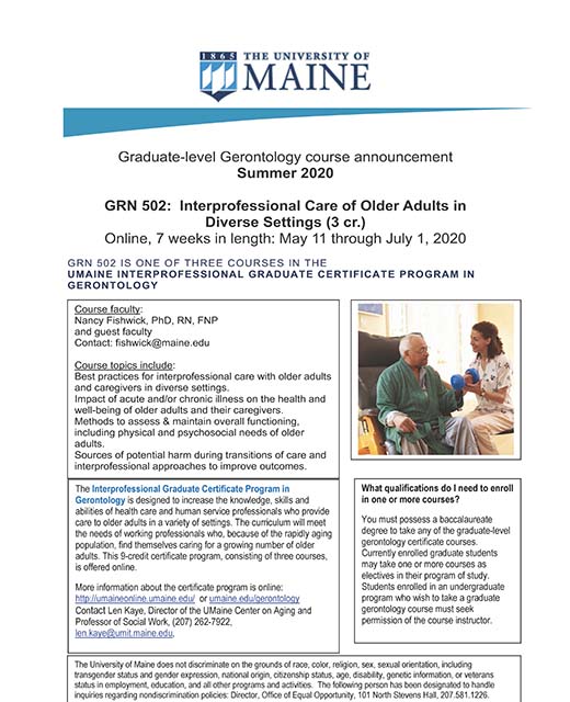 Summer Course Announcement UMaine Center on Aging University of Maine